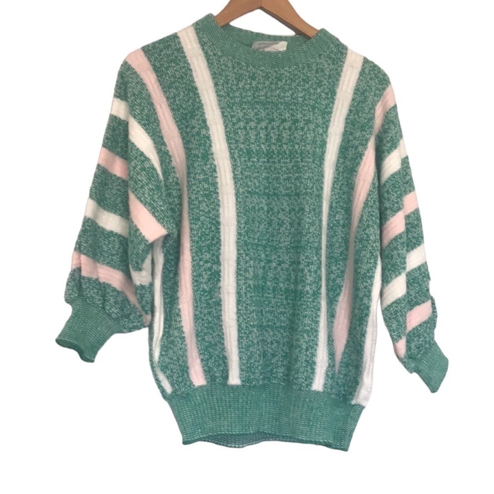 Vintage elegant striped knit sweater green white pink metallic detailing Large